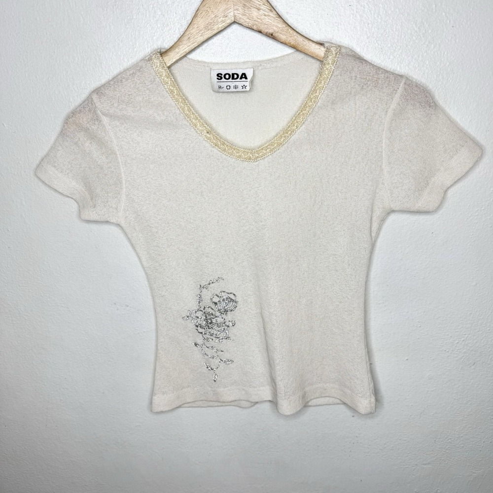 Sheer Y2K Glitter Rose T-Shirt White Cream Soda‎ Brand Baby Tee Embroidered Top